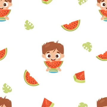 Summer seamless pattern with cute boy with watermelon on white background. .. Stock Illustration