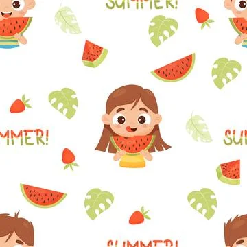 Summer seamless pattern with cute children girl and boy with watermelon on .. Stock Illustration