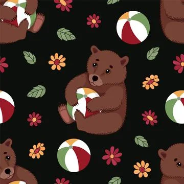 Summer seamless pattern with a cute little bear with a beach ball and flowers Stock Illustration
