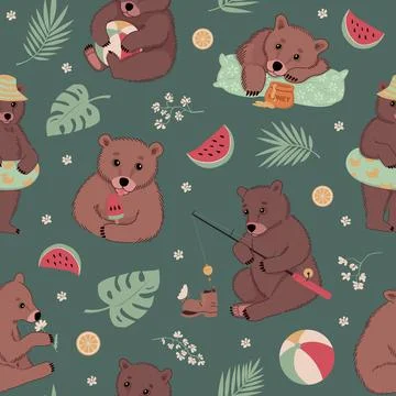 Summer seamless pattern with cute little bears with flowers, fruits, and leav Illustrazione stock