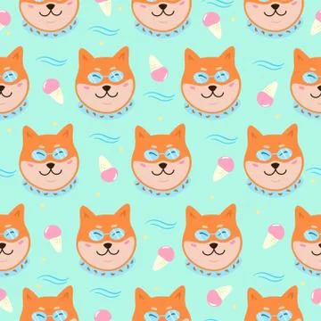 Summer seamless pattern with cute shiba inu dog and ice cream. Vector. Stock Illustration