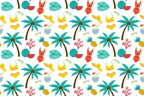 Summer seamless pattern with elements sunglasses, pineapple, watermelon, pa.. Stock Illustration
