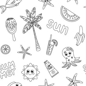 Summer seamless pattern with elements of vacation on sea. Summer. Outline Stock Illustration