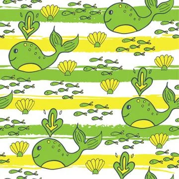 Summer seamless pattern with fish, whale and shell Illustrazione stock
