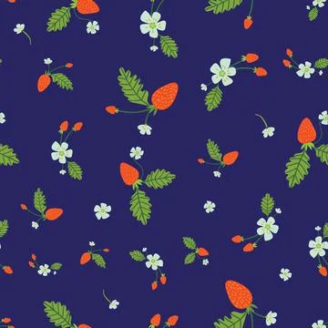 Summer seamless pattern with fresh red strawberries on blue backdrop. Surface Stock Illustration