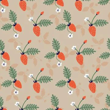 Summer seamless pattern with fresh red strawberries and silhouette. Stock Illustration