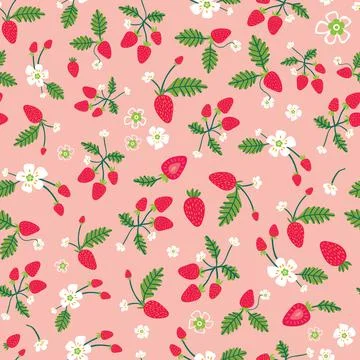 Summer seamless pattern with fresh strawberries on pink backdrop. Surface des Stock Illustration