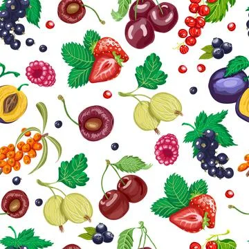 Summer seamless pattern with garden berries on a white background 库存插图