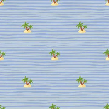 Summer seamless pattern with green palm tree and island shapes. Blue striped  Stock-Illustration