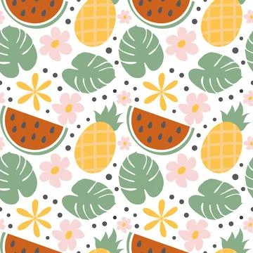 Summer seamless pattern with hand drawn summer elements in trendy muted colors Ilustración de archivo
