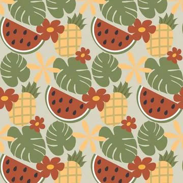 Summer seamless pattern with hand drawn summer elements in trendy muted colors Stock Illustration