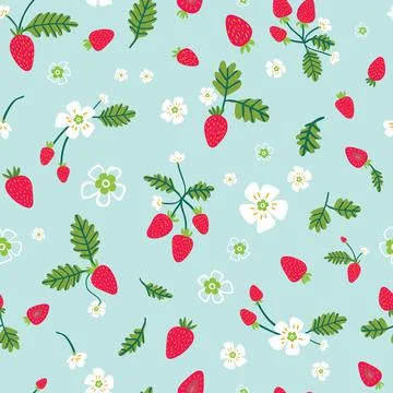 Summer seamless pattern with hand drawn of wild strawberries and flowers Stock Illustration