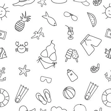 Summer seamless pattern, hand-drawn in doodles. Suitable for printing, text.. Stock Illustration