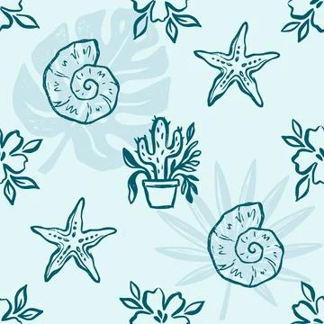Summer seamless pattern with hand drawn tropical elements Stock Illustration