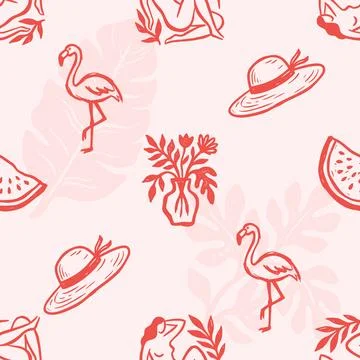 Summer seamless pattern with hand drawn summer elements Stock Illustration