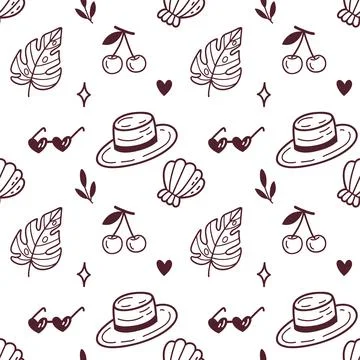 Summer Seamless Pattern with Hats, Cherries, Leaves and Sunglasses in Doodle Stock Illustration