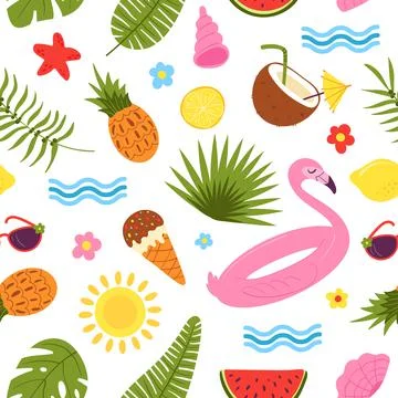 Summer seamless pattern. Hawaiian beach, kid seasonal background. Palms and Stock Illustration