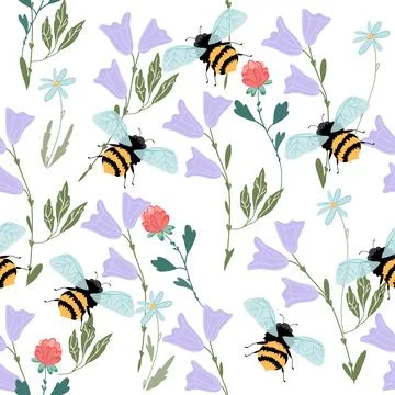 Summer seamless pattern with honey bees and flowers, flat vector. Stock Illustration