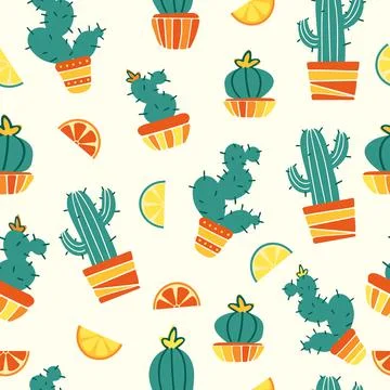 Summer seamless pattern. Houseplant in bright citrus colors. Mexican cacti in Illustrazione stock