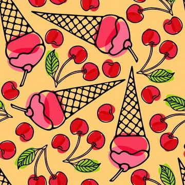 Summer seamless pattern. Ice Cream cone, cherry berry. Outline vector Stock Illustration