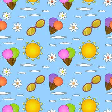 Summer seamless pattern of ice cream cones, sun, sunglasses, clouds, and wh.. イラスト素材
