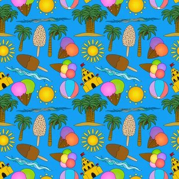 Summer seamless pattern of ice cream cones, popsicles, beach balls, sandcas.. Stock Illustration