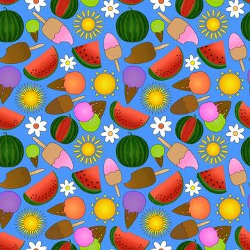 Summer seamless pattern of ice cream, watermelon slices, whole melons, sun,.. Stock Illustration