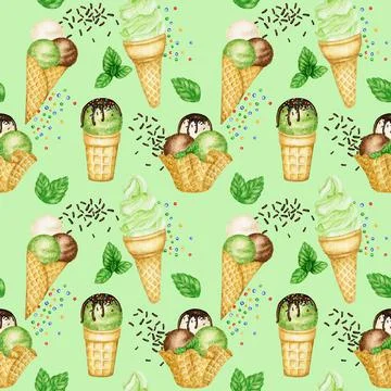 Summer Seamless pattern with Ice lollys, Ice-cream scoops decorated with Stock Illustration