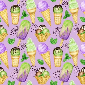 Summer Seamless pattern with Ice lollys, Ice-cream scoops decorated with Stock Illustration
