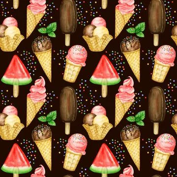 Summer Seamless pattern with Ice lollys, Ice-cream scoops decorated with Stock Illustration