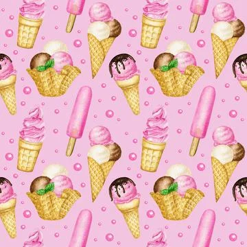 Summer Seamless pattern with Ice lollys, Ice-cream scoops decorated with Stock Illustration