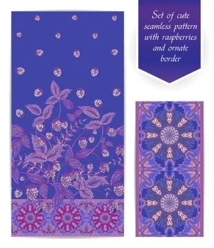Summer seamless pattern with lilac raspberry leaves and berries on blue Illustrazione stock