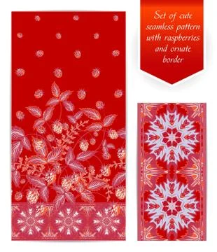 Summer seamless pattern with lilac raspberry leaves and berries on blue 스톡 일러스트