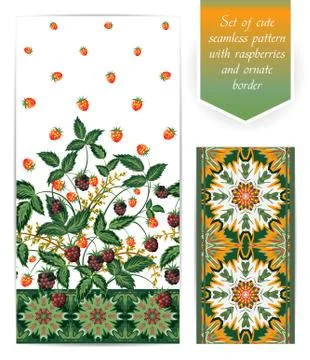 Summer seamless pattern with lilac raspberry leaves and berries on blue Illustrazione stock