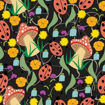 Summer seamless pattern with mushrooms flowers and ladybugs Stock Illustration