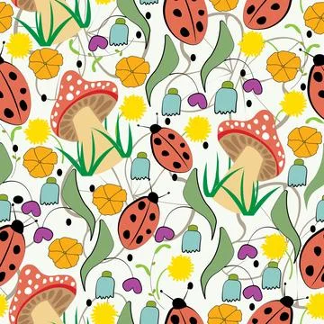 Summer seamless pattern with mushrooms flowers and ladybugs with white back.. Stock Illustration