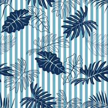 Summer seamless pattern with navy blue tropical leaves on stripe background f Stock Illustration
