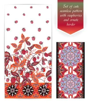 Summer seamless pattern with orange raspberry leaves and berries on white Stock Illustration