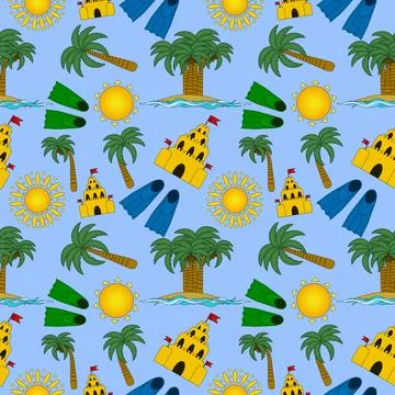 Summer seamless pattern of palm trees, sandcastles, sun, and swimming fins .. 스톡 일러스트