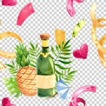 Summer seamless pattern with pineapples and champagne with festive confetti. Stock Illustration