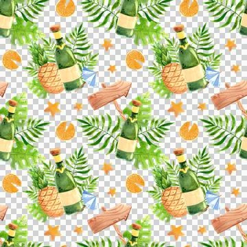 Summer seamless pattern with pineapples and champagne. Hand-drawn watercolor Illustration