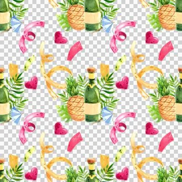 Summer seamless pattern with pineapples and champagne, decorated with confetti Stockillustratie