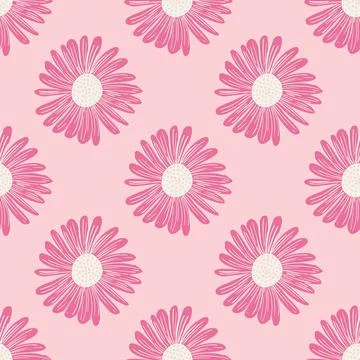 Summer seamless pattern in pink bright tones with hand drawn daisy flower bud Stock Illustration