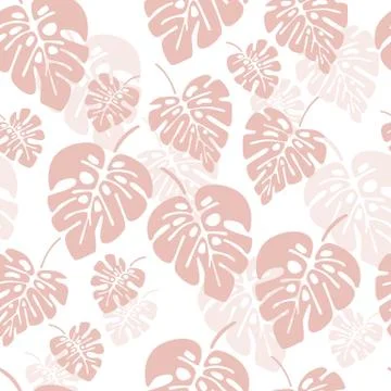 Summer seamless pattern with pink monstera palm leaves on white background Stock Illustration
