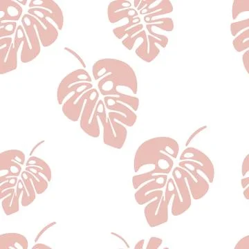 Summer seamless pattern with pink monstera palm leaves on white background Stock Illustration