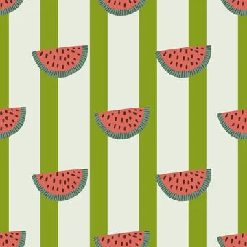 Summer seamless pattern with pink watermelon slice elements print. Green and  Stock Illustration