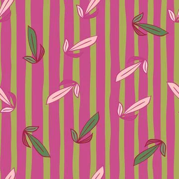 Summer seamless pattern with random little leaves outline ornament. Pink and  Stock Illustration