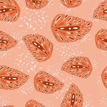 Summer seamless pattern with random orange folk monstera leaf shapes. Pink ba Stock Illustration