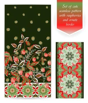 Summer seamless pattern with red raspberry leaves and berries on green Stock Illustration