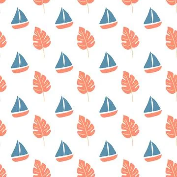 Summer seamless pattern with sailboats and tropical leaves 库存插图
